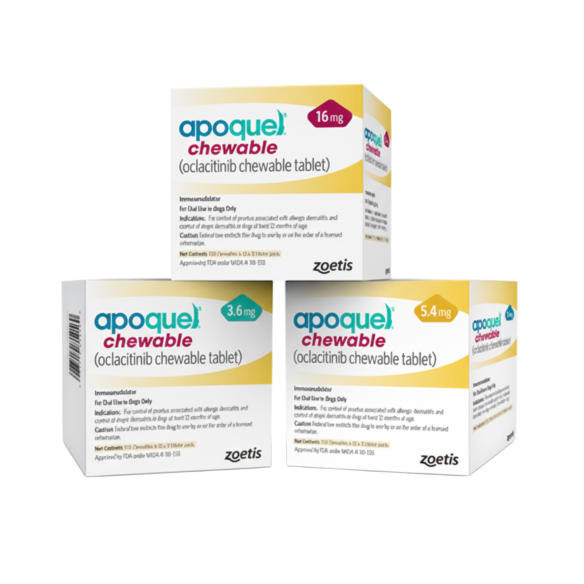 Three boxes of Apoquel chewable tablets by Zoetis on a white background